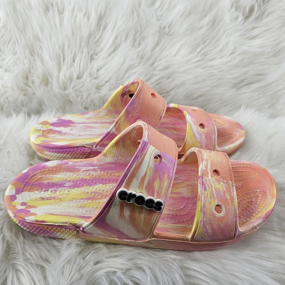 Crocs Sandals Womens 11 Mens 9‎ Pink Marbled Classic Two Strap Slide